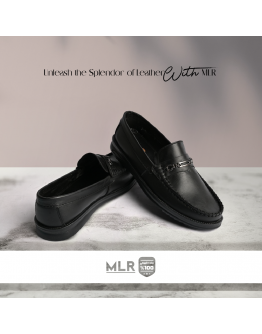 حذاء MLR موديل MLR-M04 جلد طبيعي أصلي أسود بحلية معدنية خياطة يدوية ومبطن أسفنج طبي ونعل طبي